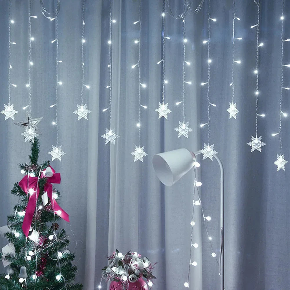 Guirlande lumineuse flocon de neige, 8 Modes, EU 220V US 110V, lumières de noël, décoration de salle, rideaux lumineux Led