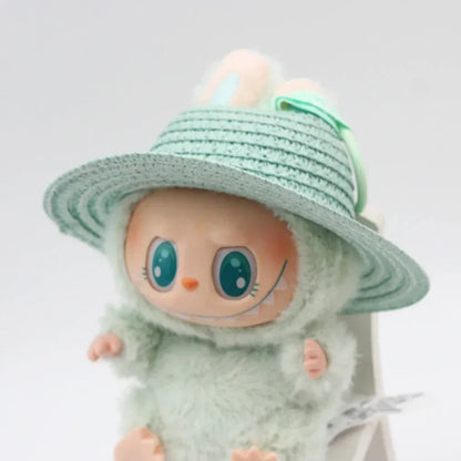 Labubu open top straw hat, party clothing accessories, rustic style Labubu baby clothes decoration accessories (hat only)