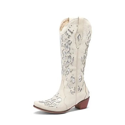 Women Embroidered White Western Cowboy Boots Block Heel Pull-On Pointed Toe Crystal Cowgirl Booties