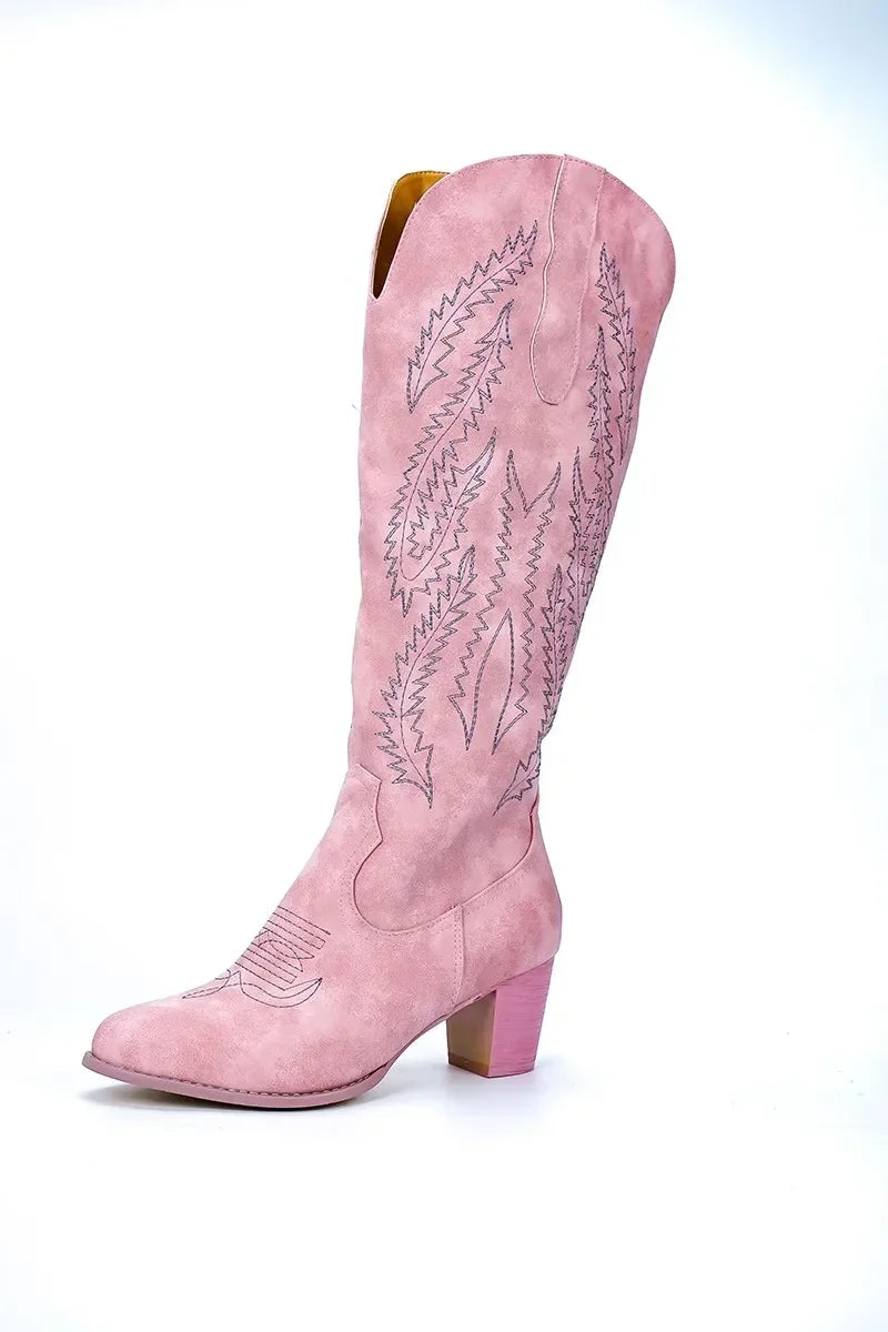 Autumn Medium Heel Woman Shoes Embroidered Design Short Boot Party Knee High Boots Pink Women Fashion Knee-high Boots