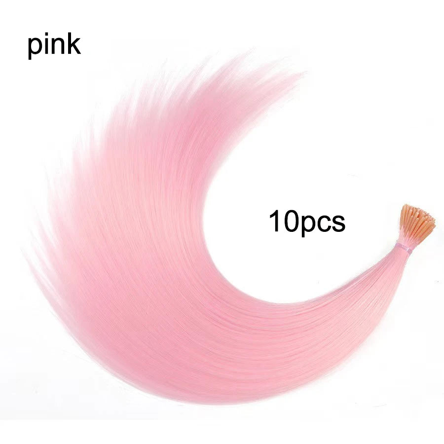 Kit d'extensions de cheveux synthétiques arc-en-ciel de 50 cm, 10 pièces, extensions colorées à pointes en I avec micro-perles et aiguille à crochet pour femmes et enfants, cosplay
