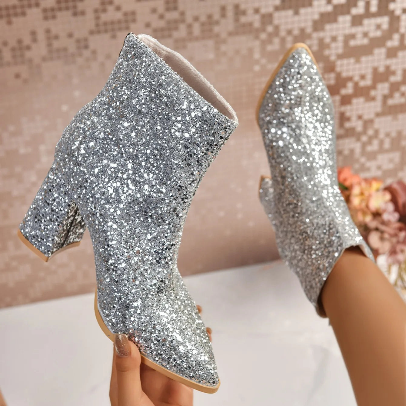 Women Boots 2025 New Fashion Sequins Round Toe Ankle Boots Women Autumn Winter Party Chunky Heels Shoes for Women Botas De Mujer