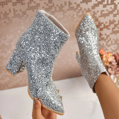 Women Boots 2025 New Fashion Sequins Round Toe Ankle Boots Women Autumn Winter Party Chunky Heels Shoes for Women Botas De Mujer