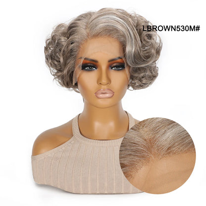 10 Inch Short Curly Wavy Blonde Black Grey Synthetic Wig for Women Natural Look T-Part Lace Front Hair Replacement