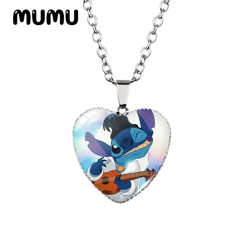 Collier Lilo Stitchou Angle Heart en verre imprimé avec pendentif photo, bijoux faits à la main, cadeaux pour enfants, nouveauté 2024