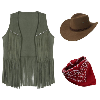 Gilet de cowboy pour femme, costume de cosplay, en faux daim, avec pompons et rivets, pour Halloween, avec bandana