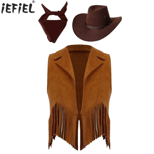 Costume de cosplay Western Cowboy Cowgirl pour enfants, glands en fibre de daim, chapeau glacé, ensemble bandana, habillage de fête à thème Halloween