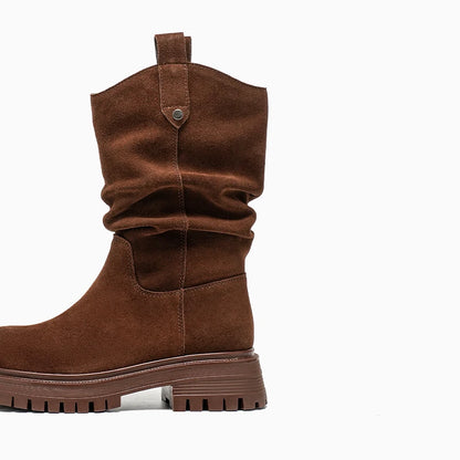 BEAUTODAY Ruched Western Boots Women Cow Suede Leather Rivet Decoration Round Toe Solid Color Autumn Winter Shoes Handmade 06304