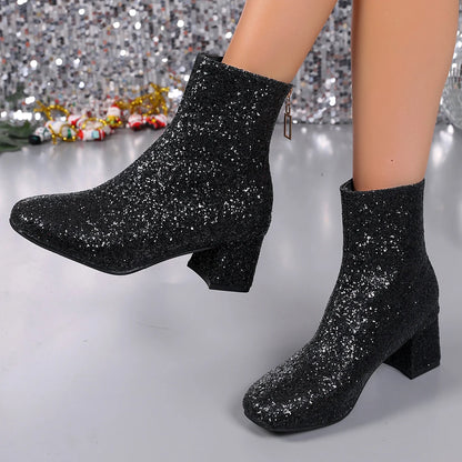 Luxury Sequined Silver Chelsea Boots Women 2025 Autumn Square Toe Rear Zip Ankle Boots Sexy Shiny Gold High Heel Party Booties