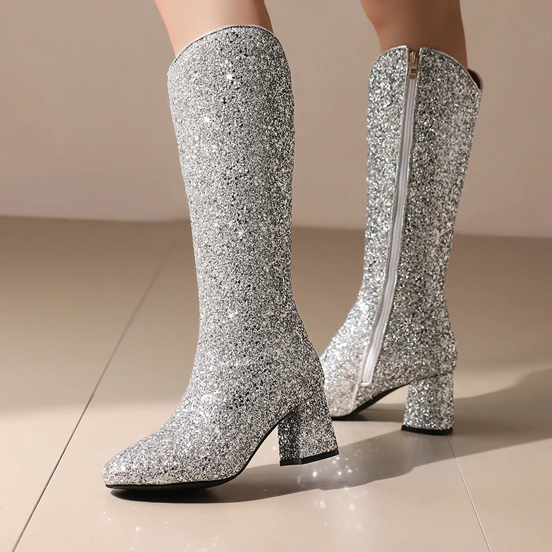 Grainy Sequin Women's Tall Boots Bling Sung Fit Knee High Boots 6.5cm Heels Comfy 2024 Winter Shoes