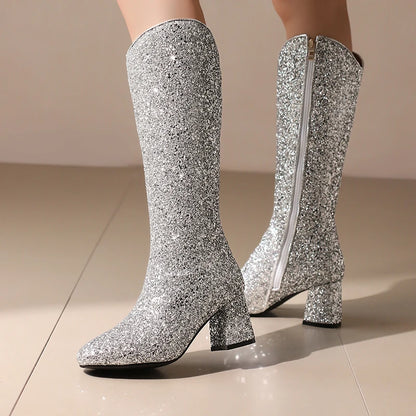 Grainy Sequin Women's Tall Boots Bling Sung Fit Knee High Boots 6.5cm Heels Comfy 2024 Winter Shoes