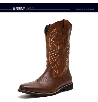 Men Boot 2024 Mid Calf Western Cowboy Motorcycle Boots Male Autumn Outdoor PU Leather Totem Med Heel Fashion Designed Men Boots