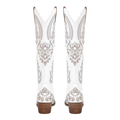 Bottes de cowboy blanches brodées Onlymaker pour femmes, à talon bloc, bout pointu, ornées de cristaux, style cowgirl.