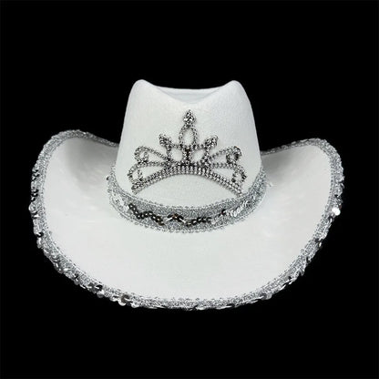 Pink Cowboy Hat For Women Girls Wide Brim Western Hat Glitter Crown Sequin Cap Performance Costume Cowgirl Hat For Wedding Party