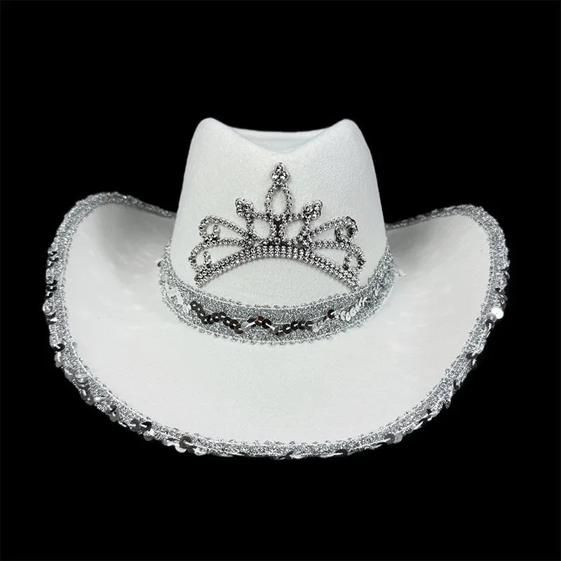 Pink Cowboy Hat For Women Girls Wide Brim Western Hat Glitter Crown Sequin Cap Performance Costume Cowgirl Hat For Wedding Party