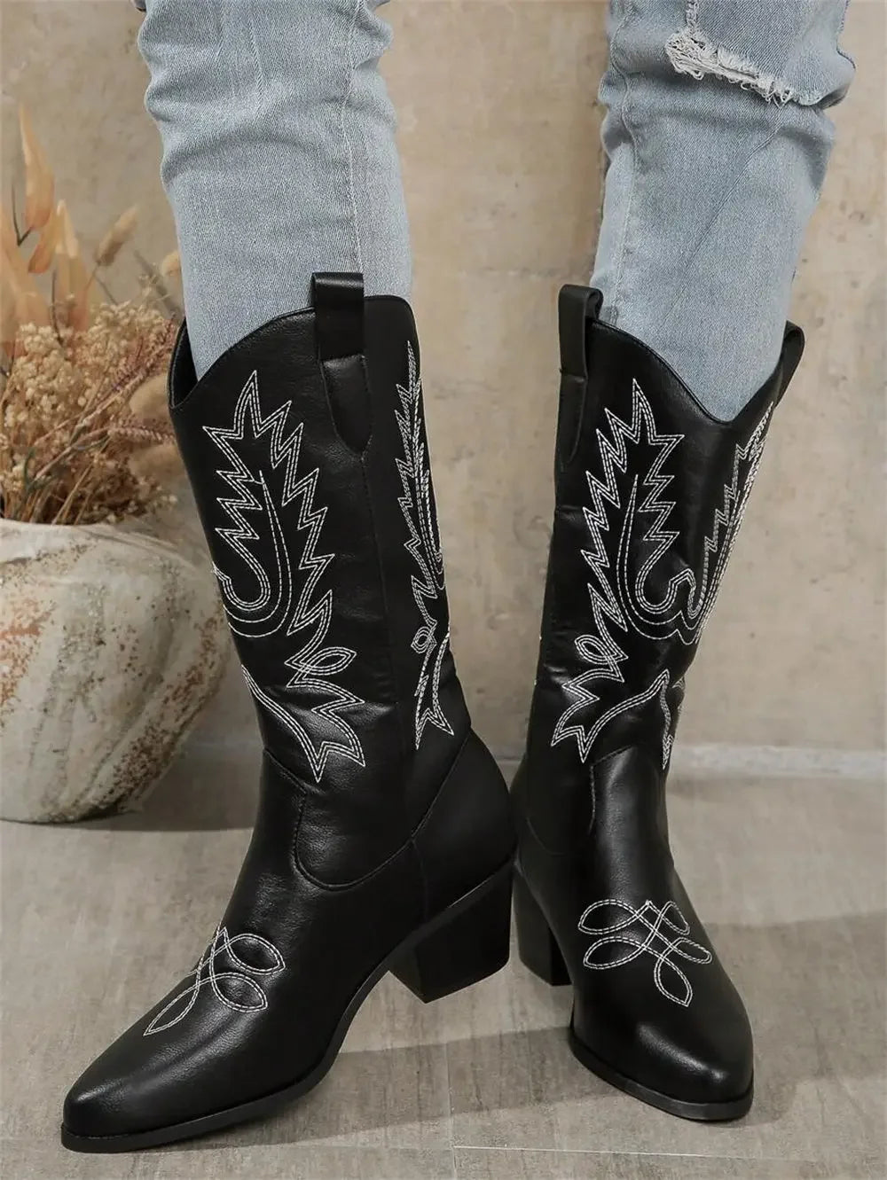 Bottes de cowboy blanches à talons hauts mi-mollet pour femmes, grande taille 43, de haute qualité, style vintage, style country et western