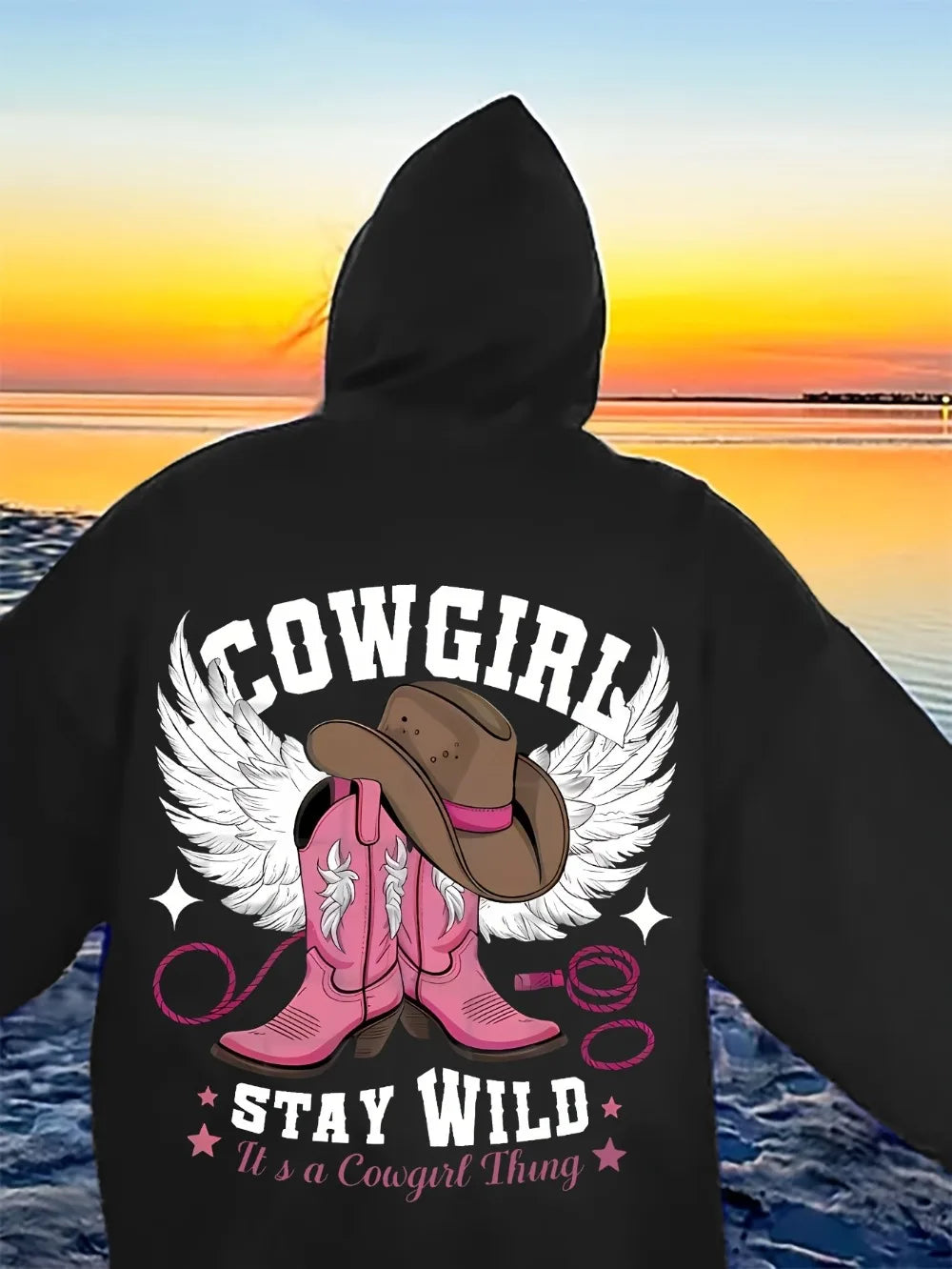 Western Chic Cowgirl Hoodie Soft Stretch Long Sleeve Pullover Sweatshirt with Hood Embroidered Cowboy Hat and Boots