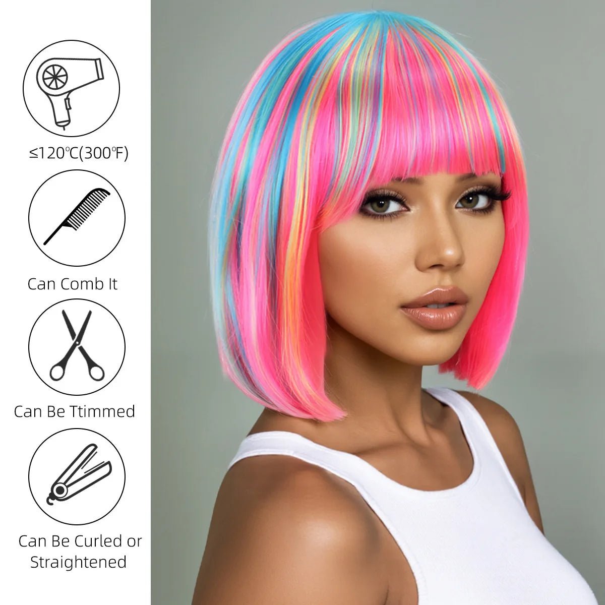 Perruque synthétique multicolore arc-en-ciel pour fêtes quotidiennes, perruque cosplay Halloween, perruque coiffure bob, couvre-chef