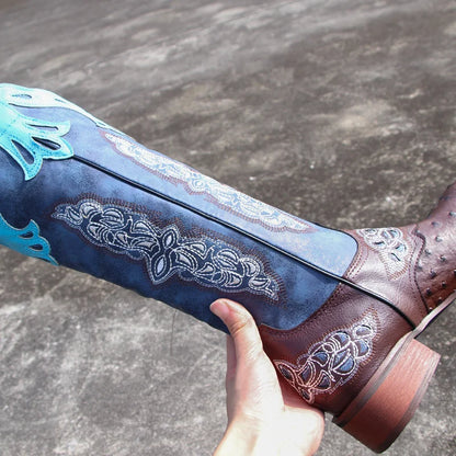 Leather Embroider Western Cowboy Retro Cowgirl Boots Low Heels Knee High Boots Female Footwea