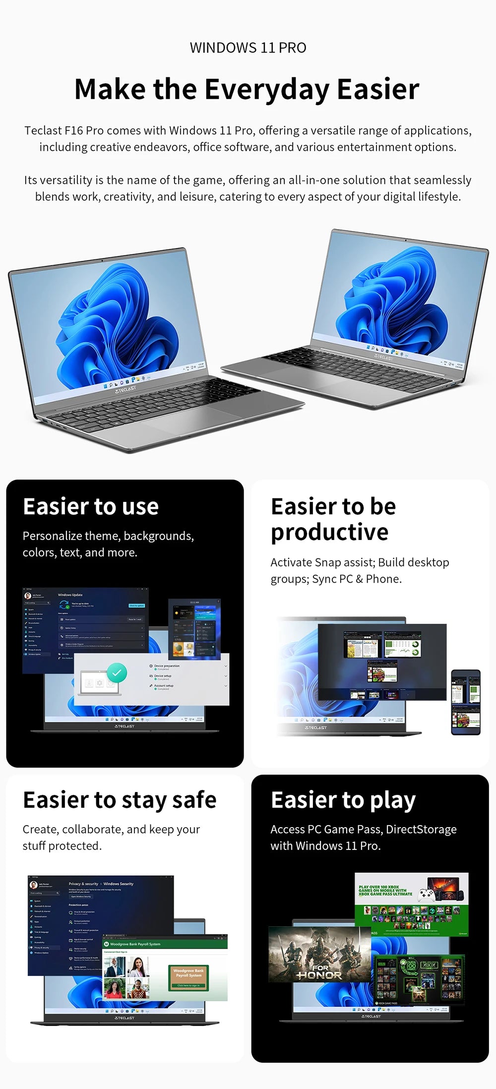 Ordinateur portable Teclast F16 Pro, Windows 11 Pro, processeur Intel N95, F16Pro, 16 Go de RAM, 512 Go de SSD, écran IPS 15,6 pouces 1920 x 1080, Wi-Fi 6, USB 3.2, clavier rétroéclairé, mini-HDMI