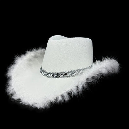 Pink Fur Brim Crown Cowboy Hat For Women'S Wide Brim Cowgirl Hat Bachelorette Party Carnival Western Headwear Cosplays Prop Caps