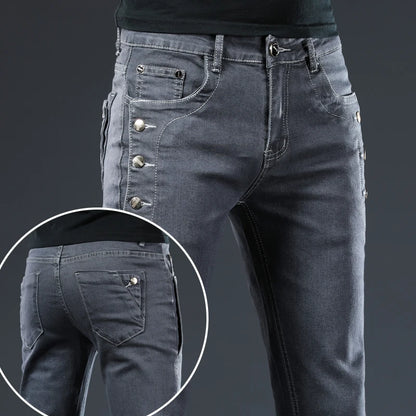 Jean slim slim pour homme, nouveau design élastique coréen, mode multi-boutons, bleu, blanc, délavé vintage, coton extensible, pantalon en denim