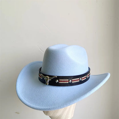 Chapeau de cowboy de style ethnique, tendance, chic, unisexe, couleur unie, avec décoration en forme de taureau, style western