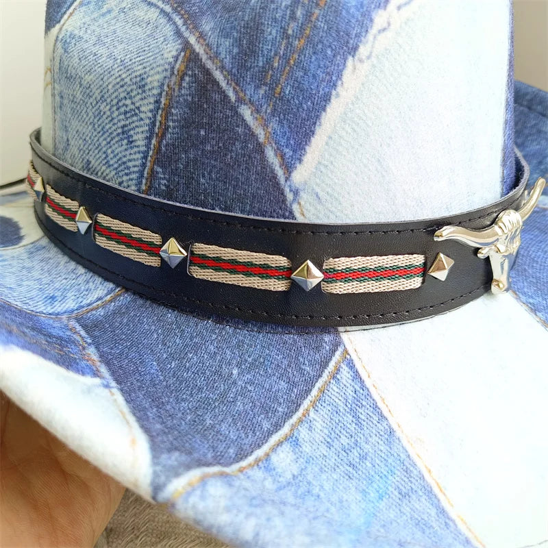 Chapeau de cowboy de style ethnique, tendance, chic, unisexe, couleur unie, avec décoration en forme de taureau, style western