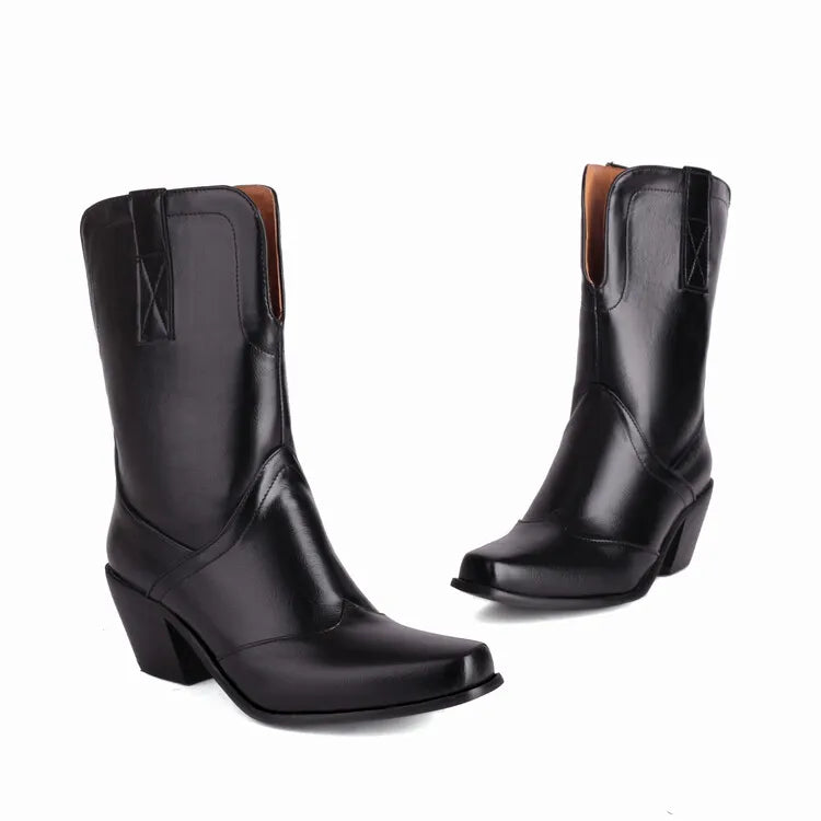 Bottes de cowboy western rétro noires mi-mollet pour femmes, talons hauts épais, chaussures gothiques, grandes tailles 34-48 777-11