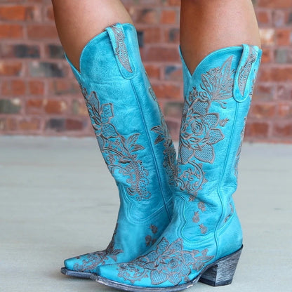 Western Style Women's Pointed Large Embroidered Rose High Heels Vintage Old Women's Boots High Barrel Western Boots