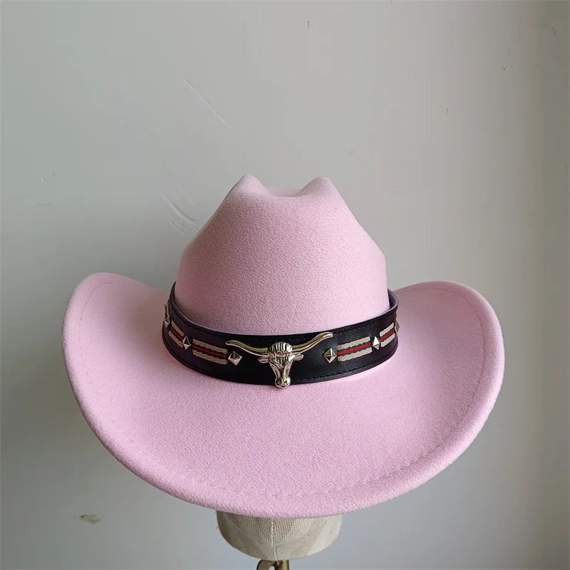 Chapeau de cowboy de style ethnique, tendance, chic, unisexe, couleur unie, avec décoration en forme de taureau, style western