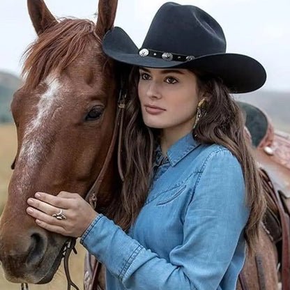 Womens Felt Western Cowboy Hats Studded Pinched Western Cowgirl Hats Wide Brim Retro Fedoras Hat Belt Buckle Vacation Party Hat