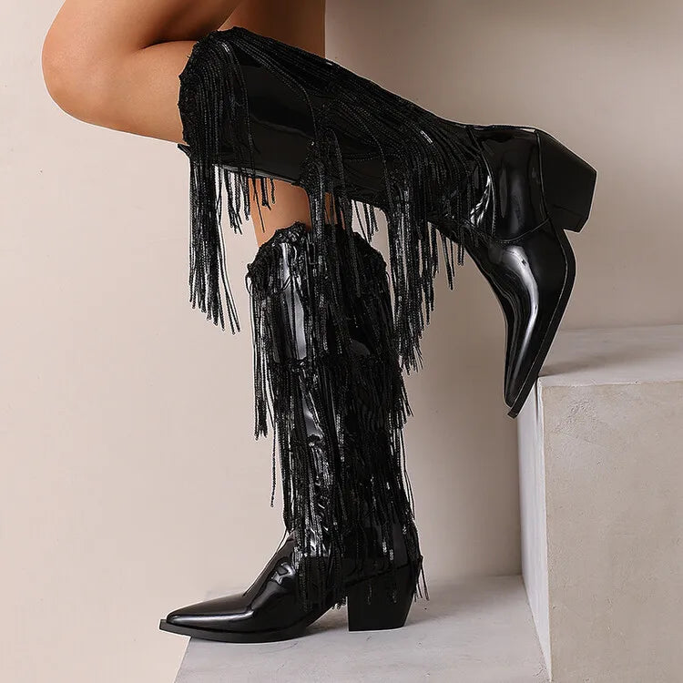 Bottes western à sequins et pompons, noires et argentées, courtes, en peluche, automne/hiver, talon de 6,5 cm, style bohème, hauteur genou, pointures 36 a 46.