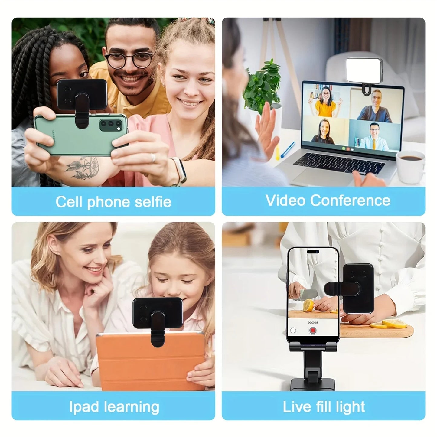 Lumière de remplissage pour selfie – Mini LED à clipser, rechargeable, 3 modes de couleur et luminosité réglable pour téléphones et ordinateurs