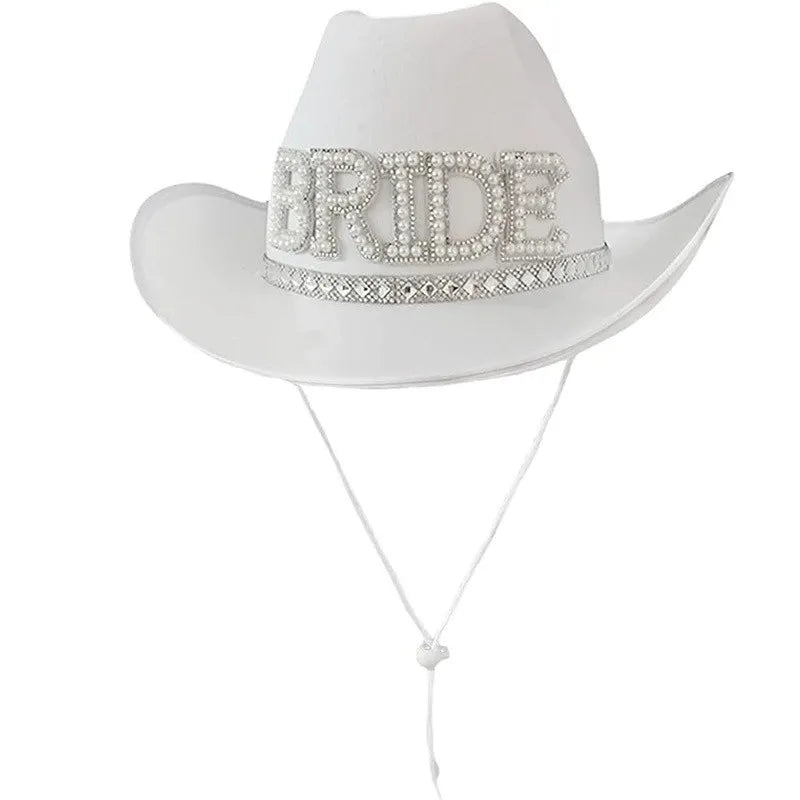 Bride White Cowboy Veil Hat Pearl Rhinestone Wedding Cowgirl Hat Bach Bachelorette Hen Party Bridal Shower Decoration Gift