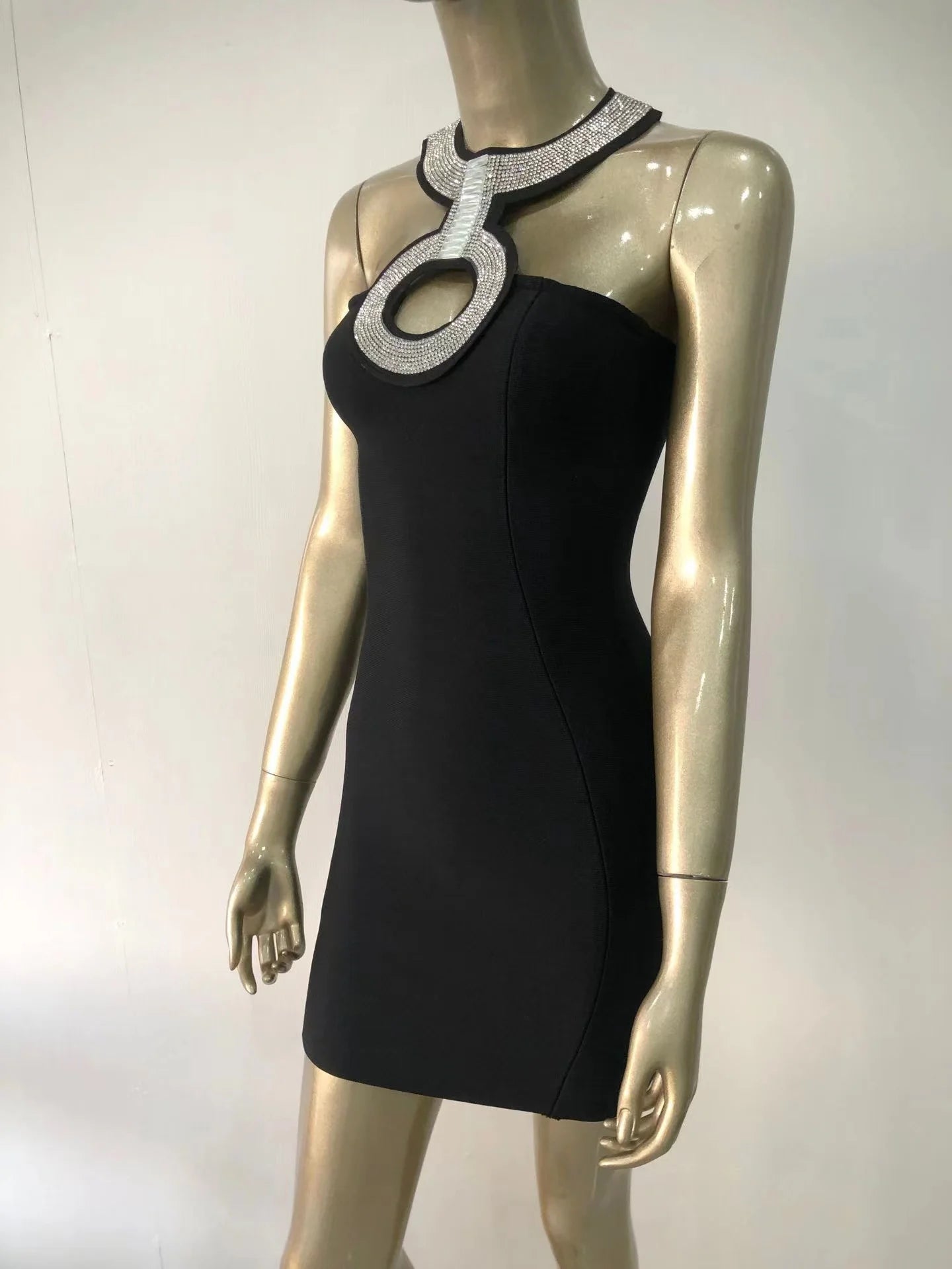 2022 New Bandage Dress Fashion Sexy Halter Neck Diamond Collar Short Skirt Banquet Party Little Black Dress-A1252