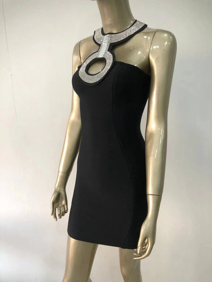 2022 New Bandage Dress Fashion Sexy Halter Neck Diamond Collar Short Skirt Banquet Party Little Black Dress-A1252