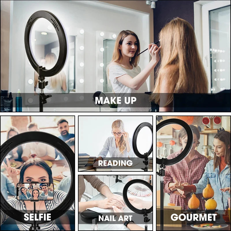 Lumière vidéo 26cm Selfie LED anneau lumineux réglable anneau rond lampe de remplissage avec support trépieds jante de lumière pour Tiktok maquillage Ringlight