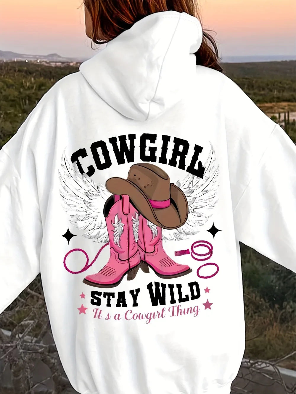 Western Chic Cowgirl Hoodie Soft Stretch Long Sleeve Pullover Sweatshirt with Hood Embroidered Cowboy Hat and Boots