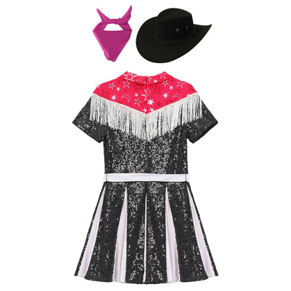 Costume de cow-girl western 3 pièces pour fille, robe plissée à paillettes avec chapeau de cowboy et bandana, pour Noël, Halloween, fête