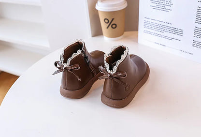 2024 New Autumn Children Boots Leather Girls Ankle Boots  Lace Butterfly-knot  Rubber Sole Fashion Toddler Kids Boots EU 21-30