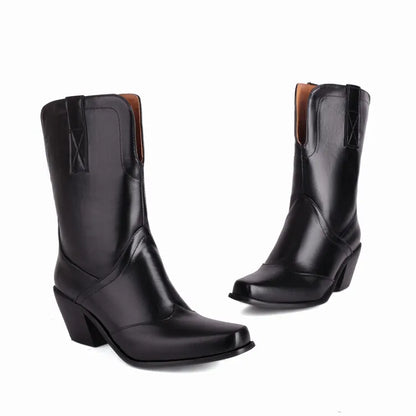 Bottes de cowboy western rétro noires mi-mollet pour femmes, talons hauts épais, chaussures gothiques, grandes tailles 34-48 777-11