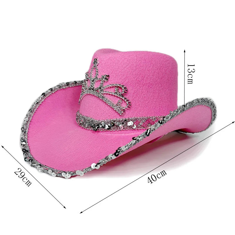 Pink Cowboy Hat For Women Girls Wide Brim Western Hat Glitter Crown Sequin Cap Performance Costume Cowgirl Hat For Wedding Party