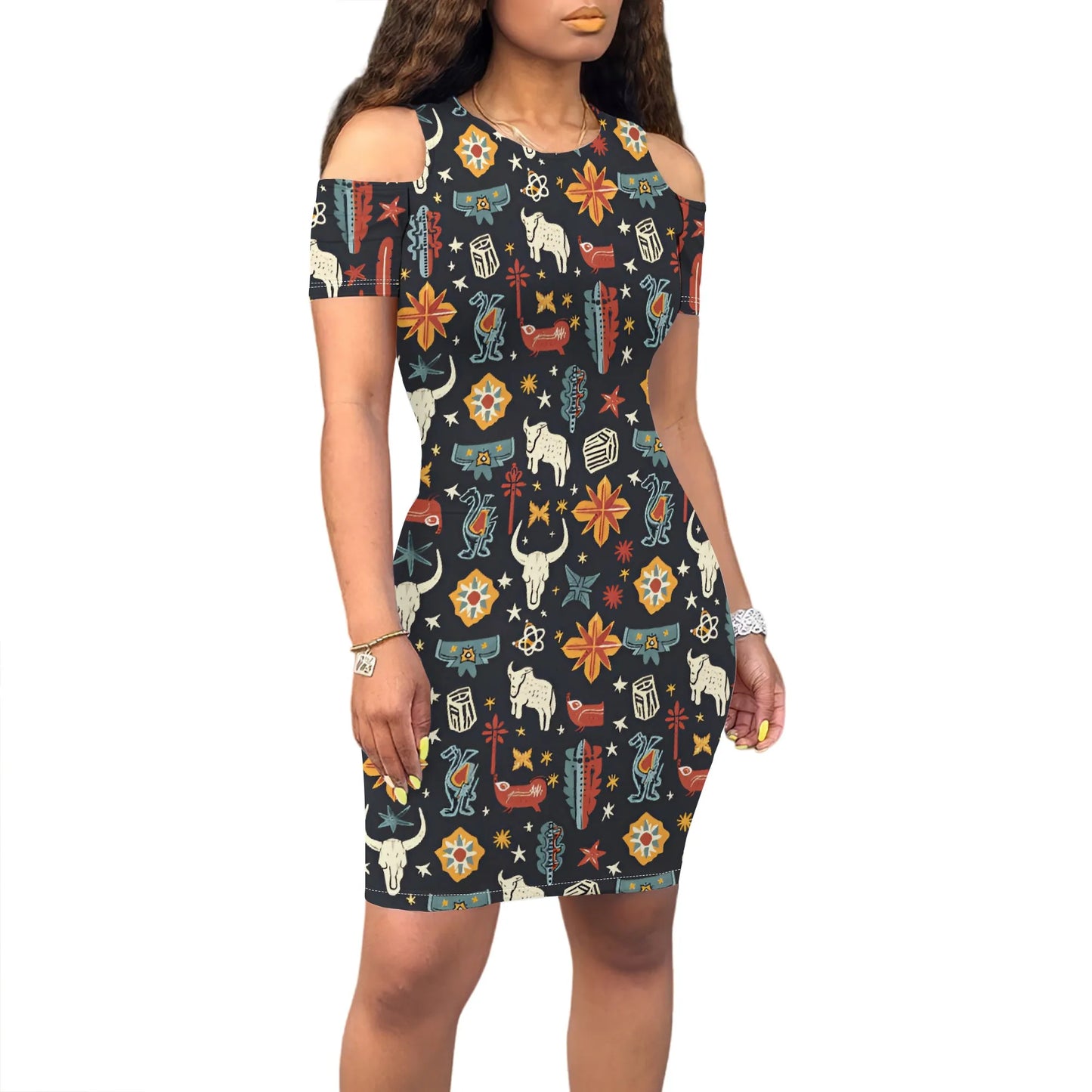 Western Cowgirl Cold Shoulder Dress S-3XL Retro Rodeo Print for Country Festival, July 4th Party or Southwestern Theme Look