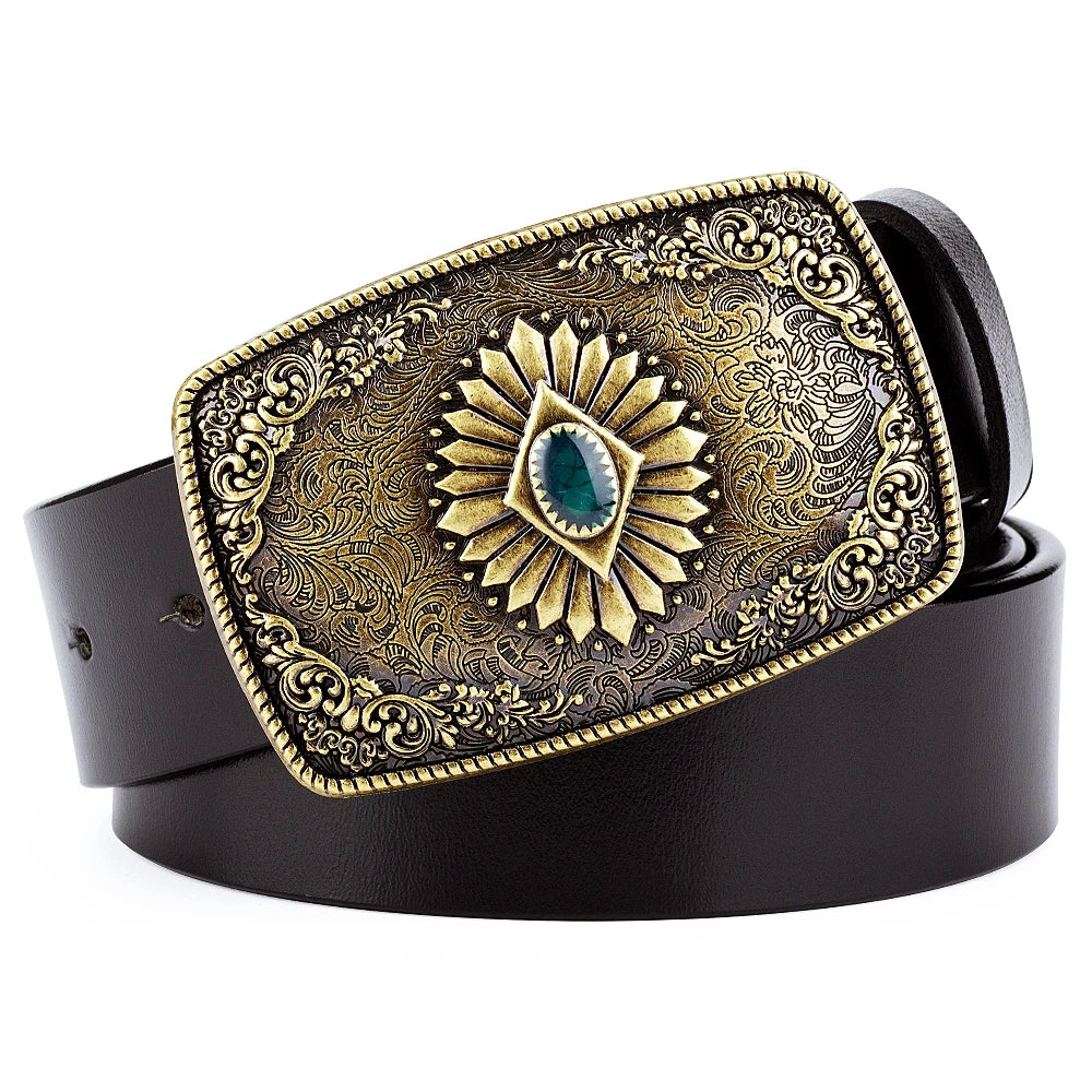 Ceinture classique en cuir véritable avec boucle en émail saphir et motif floral sculpté en argent pour femmes et hommes, cadeau