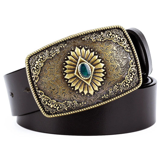 Ceinture classique en cuir véritable avec boucle en émail saphir et motif floral sculpté en argent pour femmes et hommes, cadeau