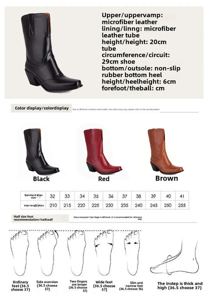 Bottes de cowboy western rétro noires mi-mollet pour femmes, talons hauts épais, chaussures gothiques, grandes tailles 34-48 777-11