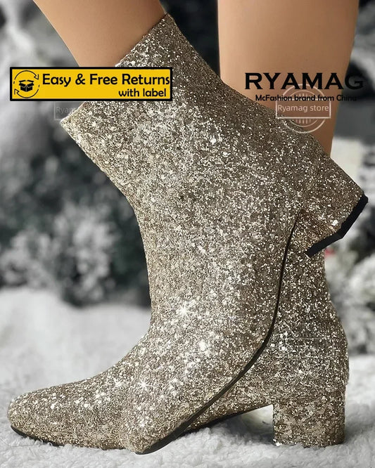 Boots Women Christmas Glitter Zipper Chunky Heel Ankle Boot Sequins Round Toe Chunky Heels Ankle Boots Party Shoes for Women