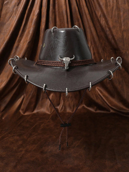 HongLuan – chapeau de Cowboy noir réglable en cuir PU pour hommes et femmes, mode occidentale de voyage, Cowgirl avec Badge Bullhead, chapeaux d'extérieur pour femmes