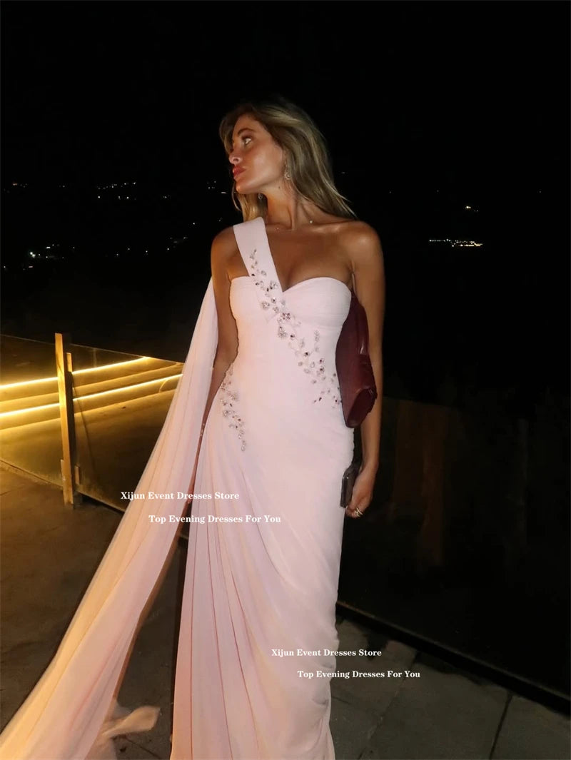 Xijun Pink Chiffon Mermaid Evening Dresses Sweetheart One Shoulder Pleated Prom Dresses Saudi Arabric Formal Prom Gowns Customiz